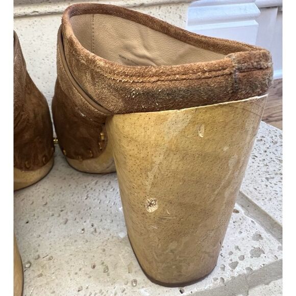 Veronica Beard Dacey Heeled Slip On Clogs Brown Suede Clogs Gold Accents Sz 11 - Picture 8 of 15